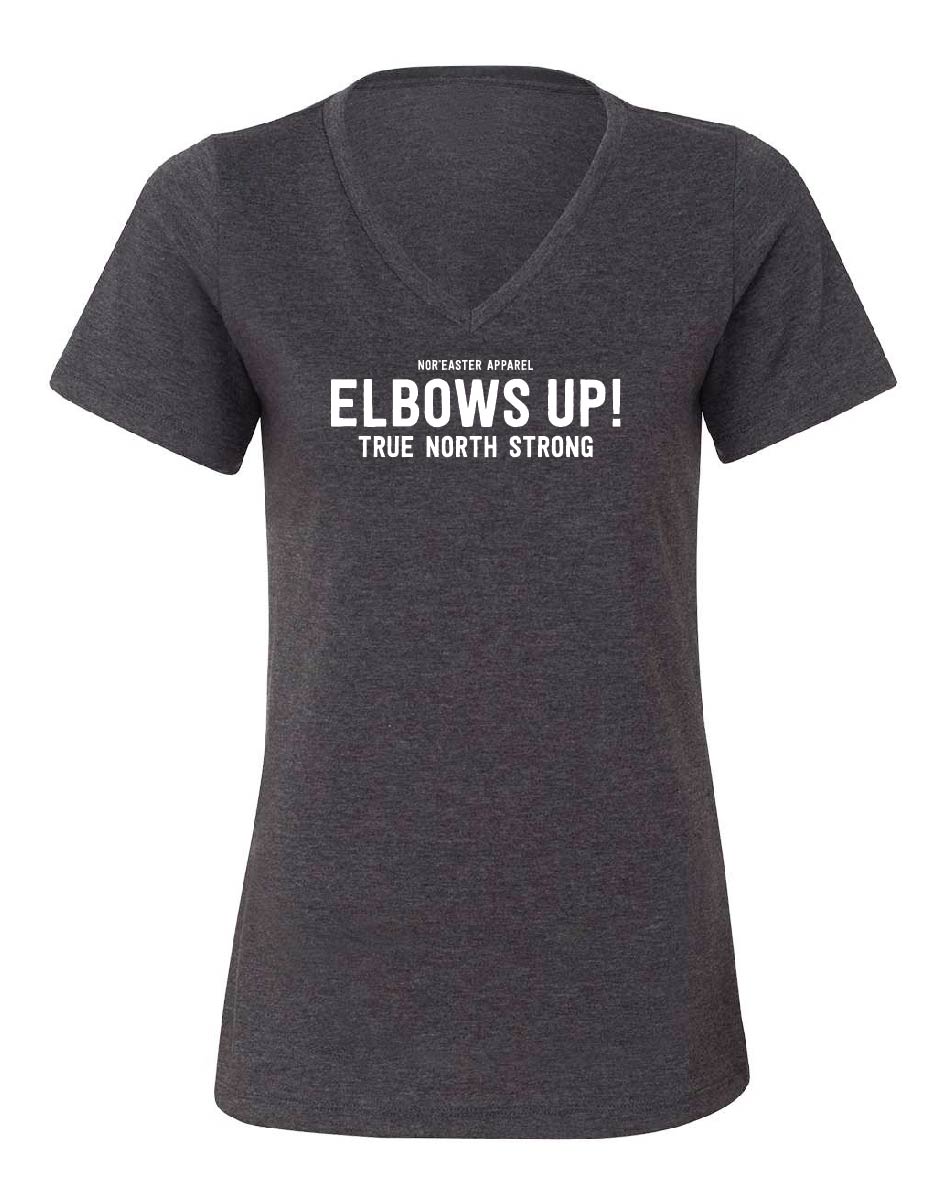 Elbows Up women's v-neck t-shirt. Charcoal with white ink, front view