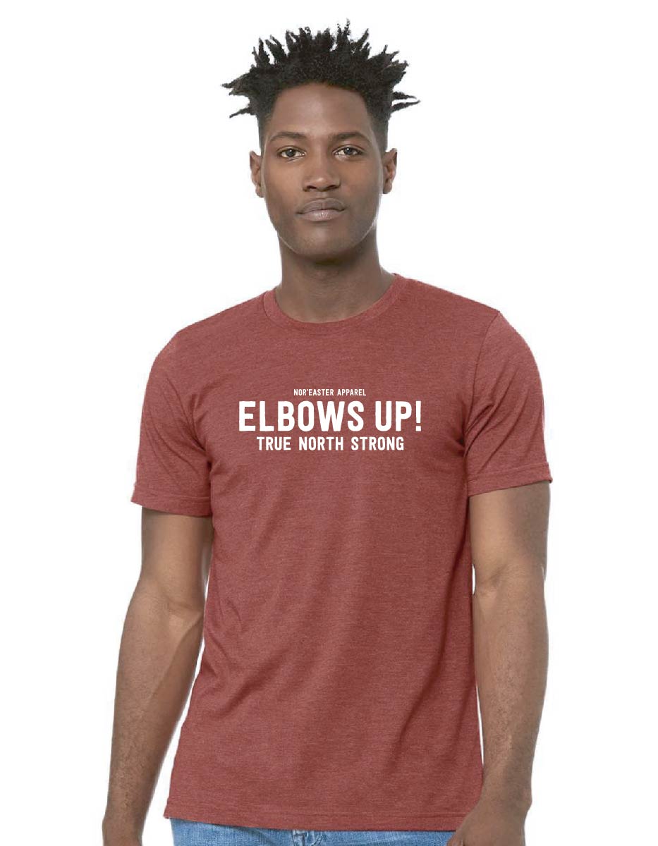 Elbows Up t-shirt, red with white graphic on a man, front view