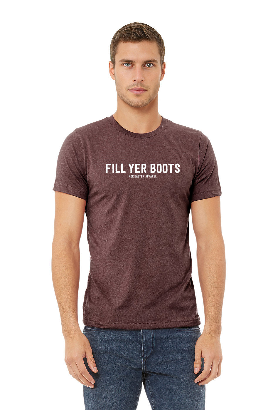 Man wearing a brown t-shirt with 'Fill Yer Boots' text on a white background
