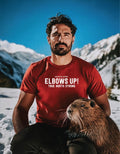 Elbows Up t-shirt on man with a beaver