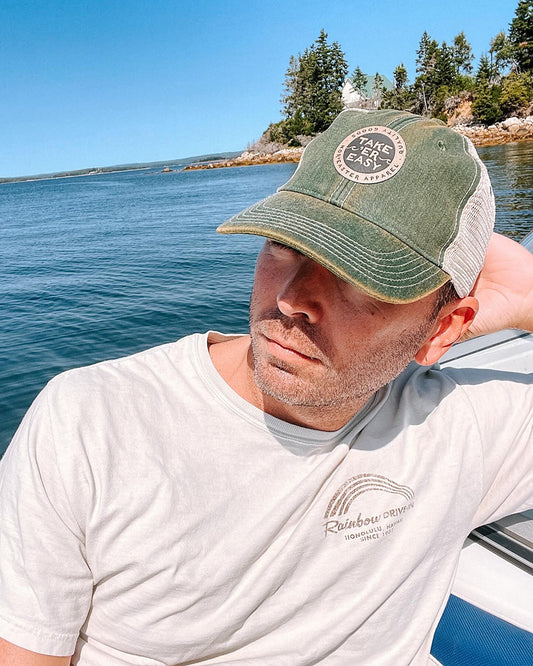 Nor'easter Apparel dad hat in green with Take er Easy slogan