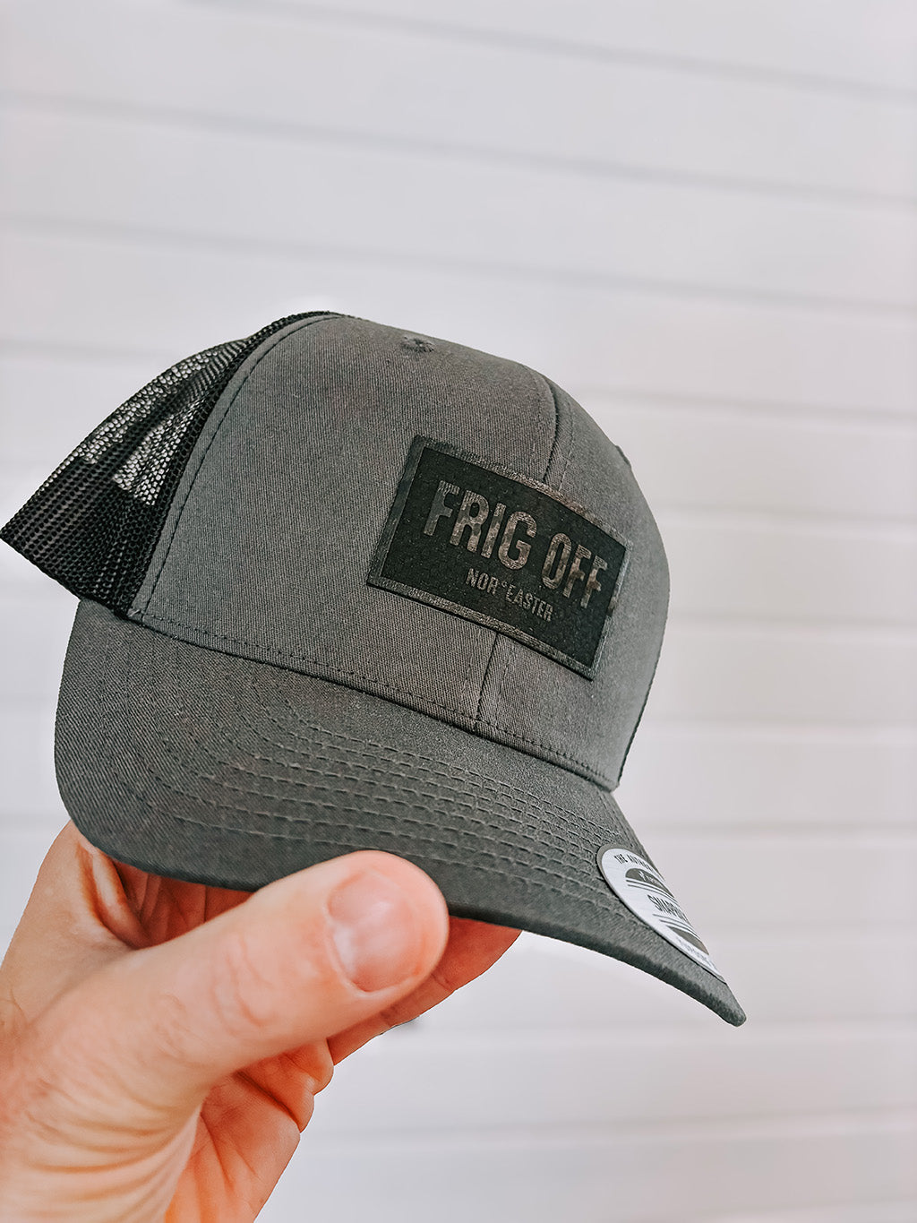 Charcoal Grey Frig Off Retro Trucker Hat with Black Reflective Patch