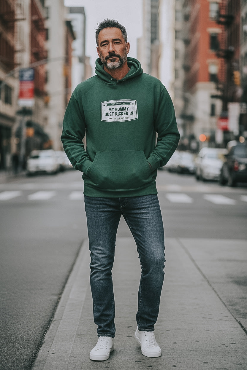 My gummy just kicked in green hoodie with white graphic, front view full body