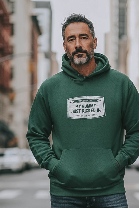 My gummy just kicked in green hoodie with white graphic, front view