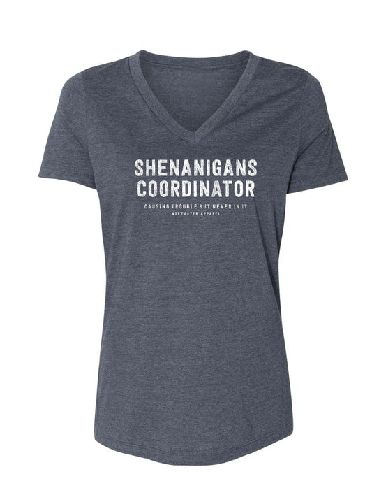 Nor'easter Apparel women's relaxed fit navy Shenanigans Coordinator t-shirt in navy with white ink front view