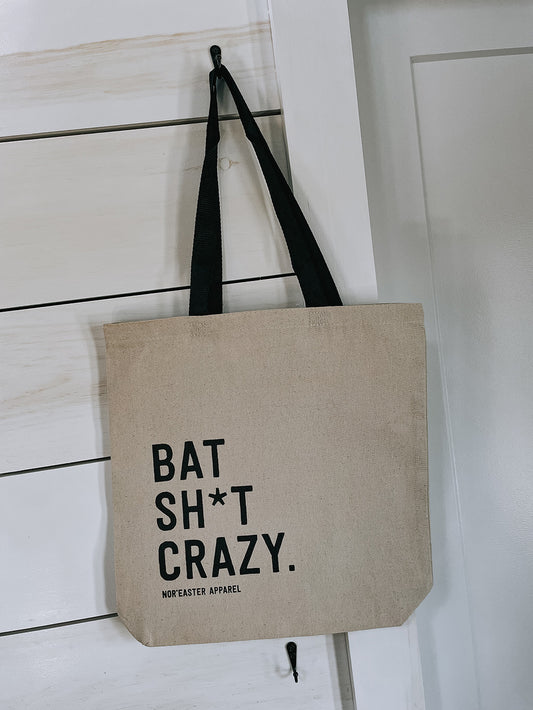 Nor'eatser Apparel Bat shit crazy tote bag with black ink c
