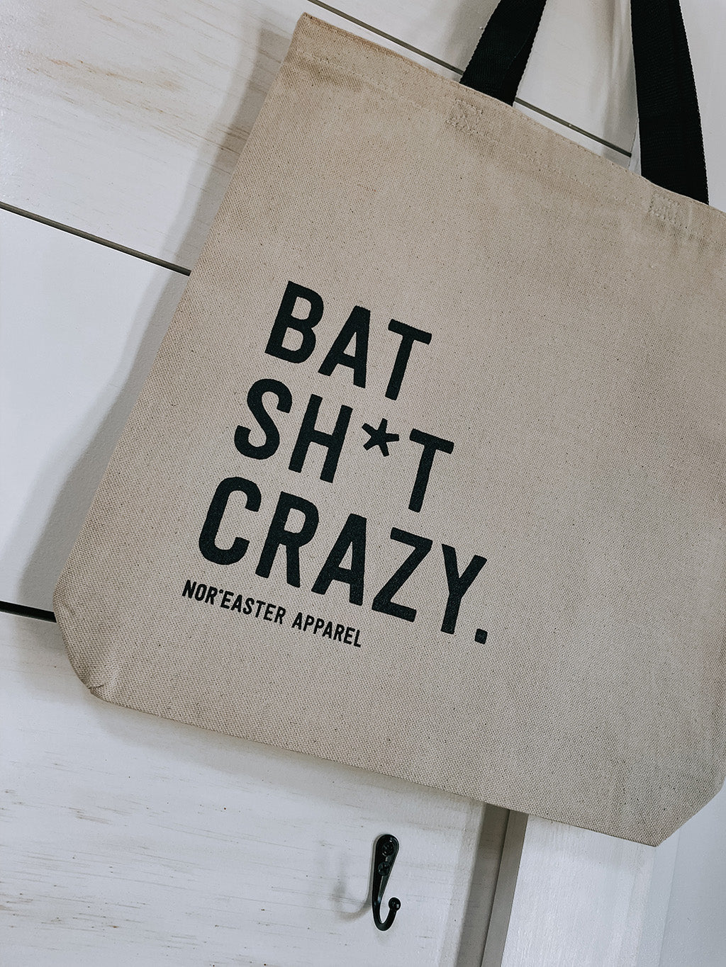 Nor'eatser Apparel Bat shit crazy tote bag with black ink