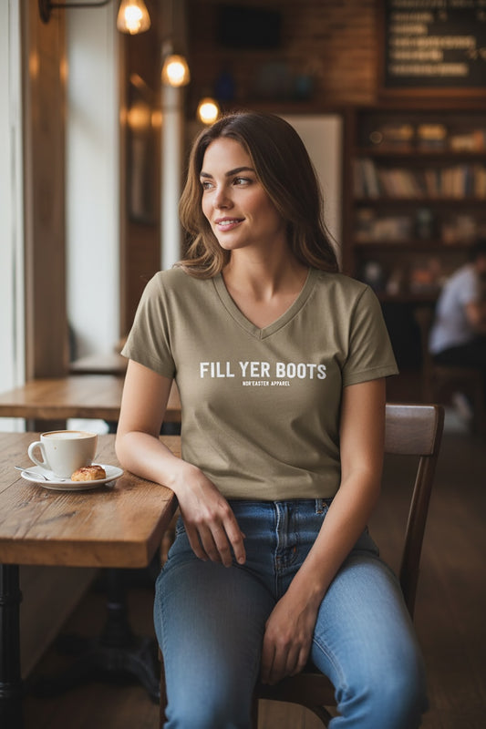 Woman sitting at a cafe table with a 'Fill Yer Boots' t-shirt on