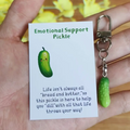 A hand holding a keychain with a green pickle charm and a card that reads 'Emotional Support Pickle. Life isn't always all "bread and butter," so this pickle is here to help you "dill" with all that life throws your way!'.
