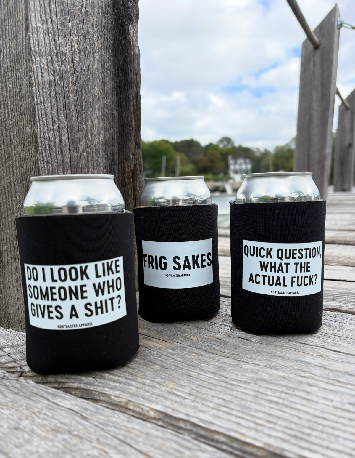 Three black beverage can coolers with white text labels sitting on a weathered wooden deck outdoors. The labels read: 'DO I LOOK LIKE SOMEONE WHO GIVES A SHIT?', 'FRIG SAKES', and 'QUICK QUESTION WHAT THE ACTUAL FUCK?'.