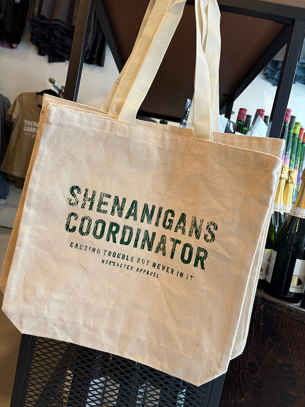 Shenanigans Coordinator tote bag, green in on natural canvas