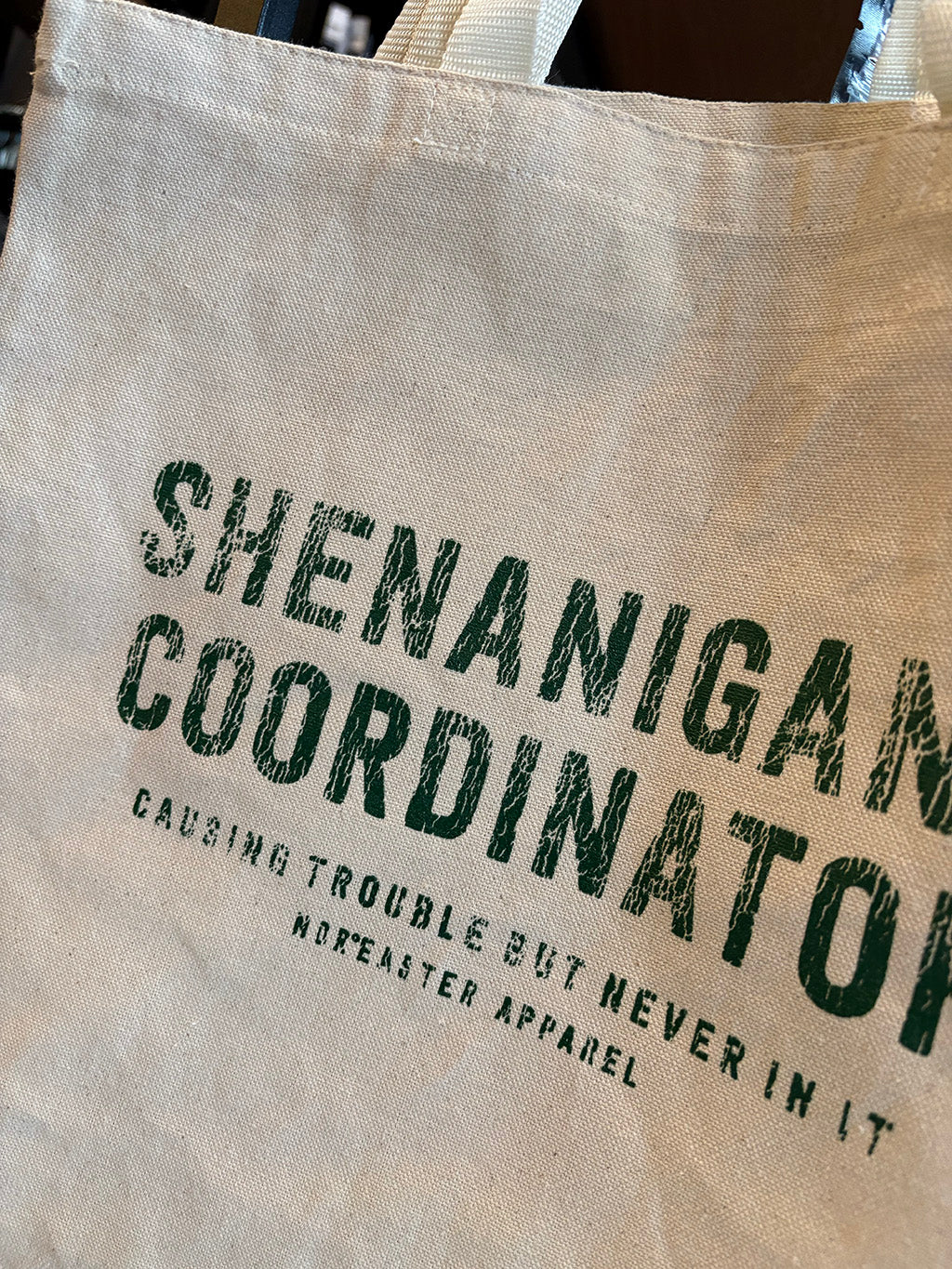 Shenanigans Coordinator tote bag, green in on natural canvas close up view